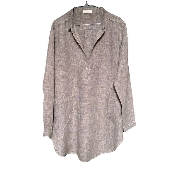 CP Shades Tops - CP Shades Size M Teton Tunic Linen Brown White V-Neck Pockets $242 USA Made